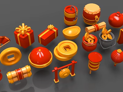 Traditional Chinese Festive Decorative Items With Red Gold Gift Boxes Lanterns Drums And Ingots 3d model