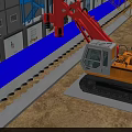 Industrial Factory Construction Site With Large Excavator Red Crane Metal Pipes And Blue Containers