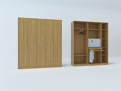 Wooden Wardrobe Storage Design With Closed Doors Open Shelves And Hanger Rod 3d model