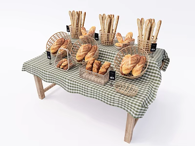 Bakery Fresh Bread Display With Wicker Baskets Checkered Tablecloth And Wooden Table 3d model