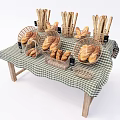 Bakery Fresh Bread Display With Wicker Baskets Checkered Tablecloth And Wooden Table 3d model