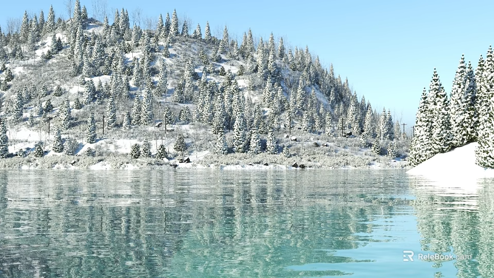 Snow Covered Coniferous Trees On Mountain With Lake Reflection And Clear Sky 3d model 