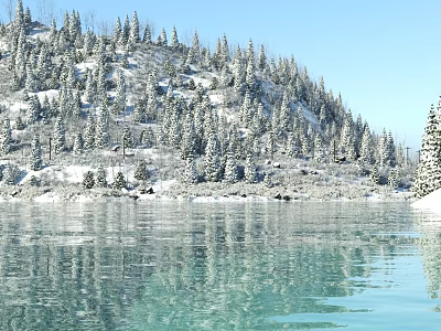 Snow Covered Coniferous Trees On Mountain With Lake Reflection And Clear Sky 3d model