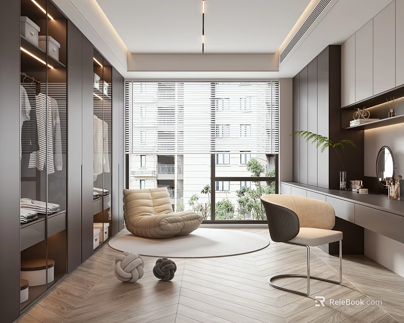 Modern Elegant Closet Interior with Glass Door Wardrobe Large Window Round Rug and Beige Armchair 3d model 