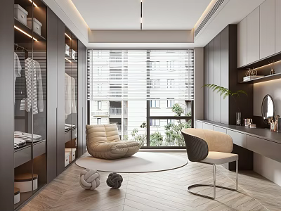 Modern Elegant Closet Interior with Glass Door Wardrobe Large Window Round Rug and Beige Armchair 3d model
