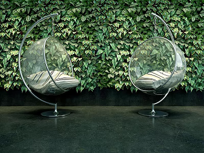 Transparent Hanging Egg Chairs With Metal Frame Striped Cushions Against Green Leafy Wall 3d model