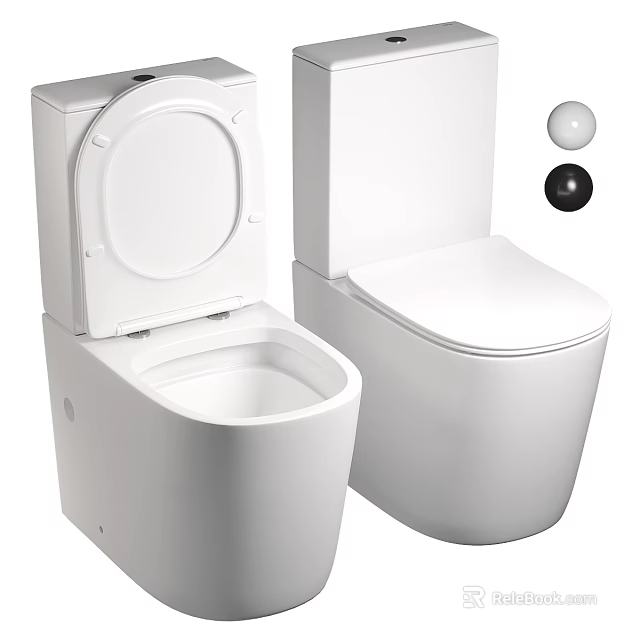Two Modern Toilets With Open And Closed Lids And White Black Spheres 3d model 