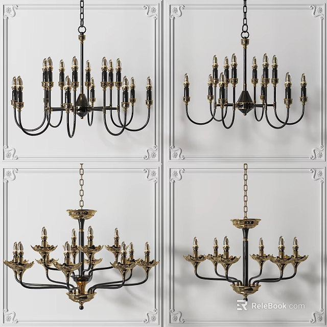 Vintage Gold And Black Chandelier With Multiple Candle Shaped Arms Design 3d model 