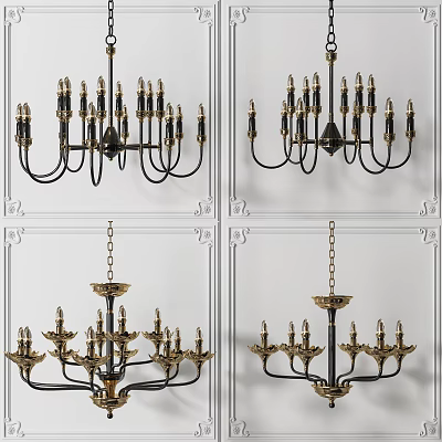 Vintage Gold And Black Chandelier With Multiple Candle Shaped Arms Design 3d model