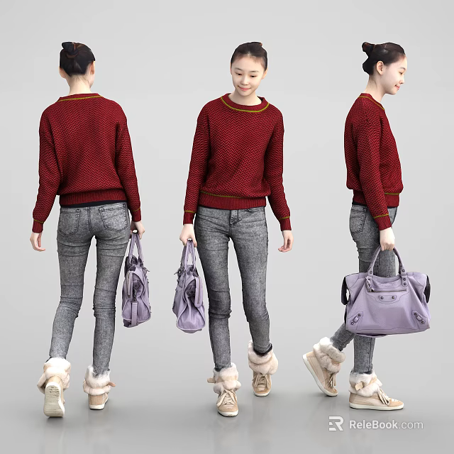 Woman Wearing Red Sweater Gray Jeans Beige Furry Shoes Carrying Purple Handbag in Three Angles 3d model 