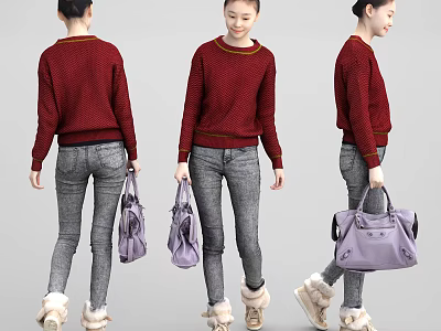 Woman Wearing Red Sweater Gray Jeans Beige Furry Shoes Carrying Purple Handbag in Three Angles 3d model