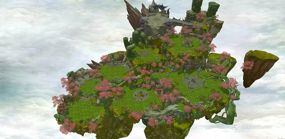 Enchanting Floating Island Scene With Green Grass Pink Flowers And Rock Formations 3d model 