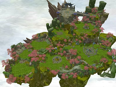 Enchanting Floating Island Scene With Green Grass Pink Flowers And Rock Formations 3d model