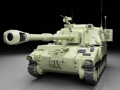 Green Military Tank With Long Cannon Tracked Chassis Turret And Antenna Design 3d model