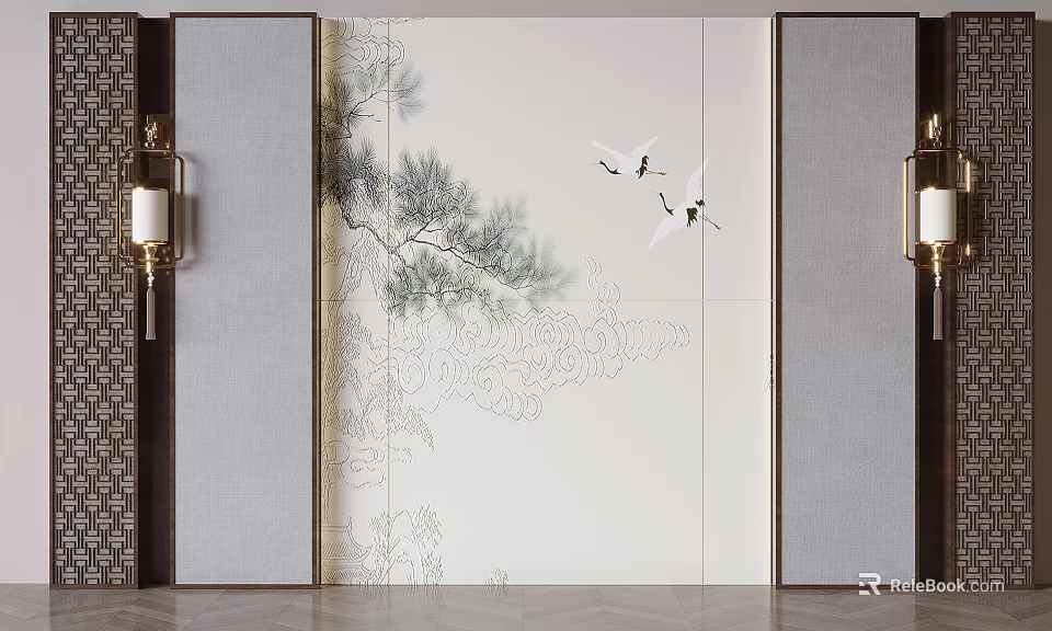 Elegant Traditional Background Wall with Pine Branches White Cranes Gray Panels and Chinese Lantern Lights 3d model 