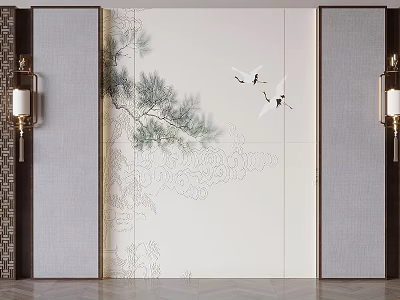 Elegant Traditional Background Wall with Pine Branches White Cranes Gray Panels and Chinese Lantern Lights 3d model