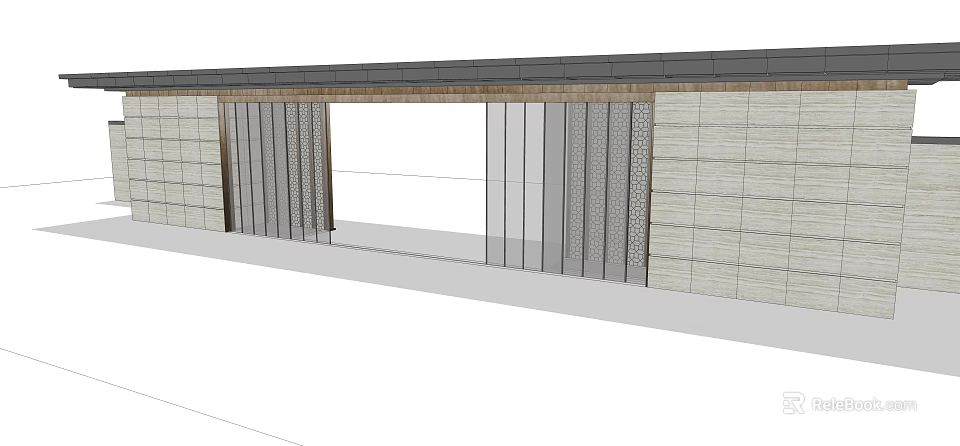 Modern Entrance Gate Design With Vertical Grilles And Wooden Panel Walls 3d model 