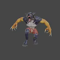Game Movie Werewolf Character With Black Fur Yellow Eyes Sharp Fangs Bandaged Arms Red Shorts