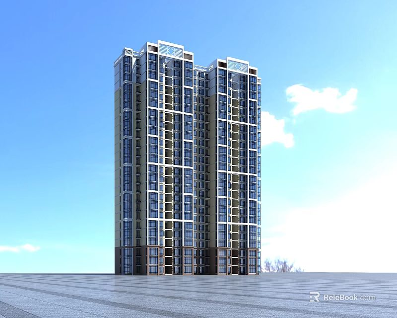 Modern High Rise Residential Building Featuring Glass Facade And Balconies Under Blue Sky 3d model 