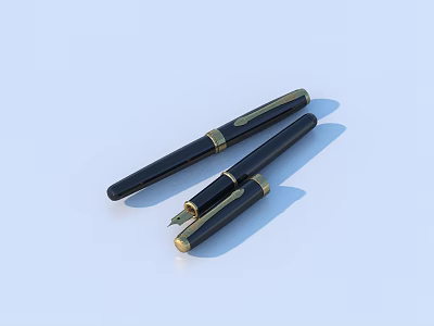 Black Fountain Pens With Gold Accents Featuring Open Cap And Exposed Nib 3d model