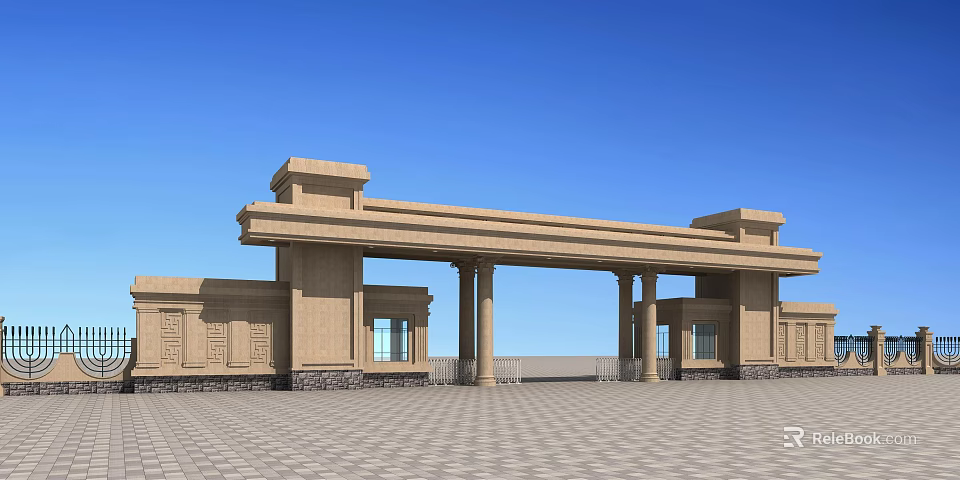 Stone Entrance Gate With Columns Beam Carved Details And Blue Sky Background 3d model 