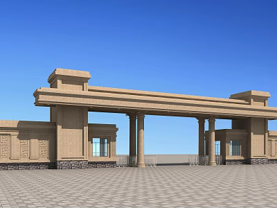 Stone Entrance Gate With Columns Beam Carved Details And Blue Sky Background 3d model