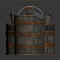 Wooden Striped Buckets and Shiny Metal Watering Can for Household Use