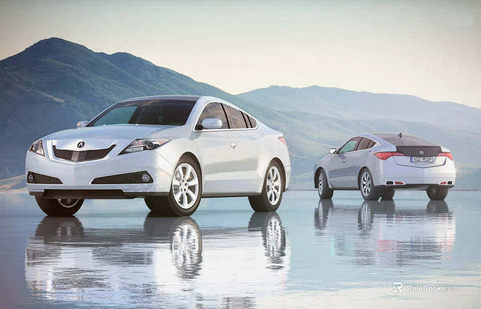 Two White Cars Reflected on Water Surface With Mountain and Sky Background 3d model 