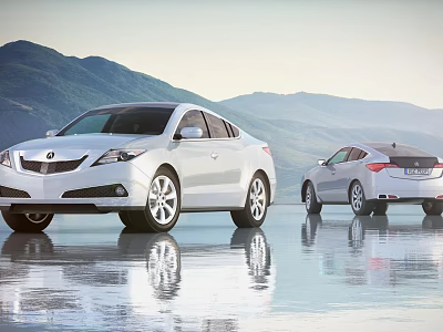 Two White Cars Reflected on Water Surface With Mountain and Sky Background 3d model