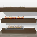 Three Modern Wooden Wall Mounted Layered Fireplaces With Bright Burning Flames
