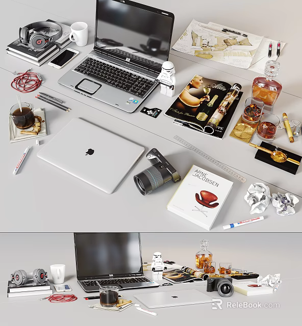 Cluttered Work Desk With Laptop Camera Coffee Book And Stationery Items 3d model