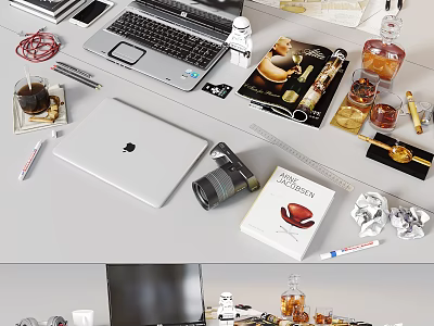 Cluttered Work Desk With Laptop Camera Coffee Book And Stationery Items 3d model