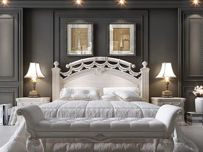 Elegant White Double Bed With Carved Headboard Table Lamps Nightstands And Bench 3d model