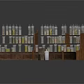 Curved Wooden Display Rack With Electronic Products Bottled Items And Central White Barrel