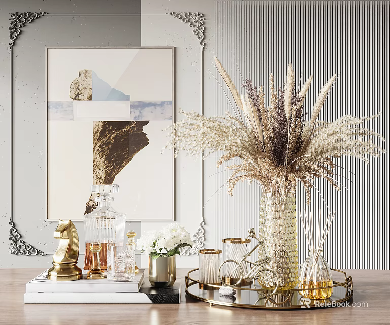 Elegant Decorative Ornament Set With Glass Vase Dried Pampas Grass Golden Tray And Aromatic Diffuser 3d model 