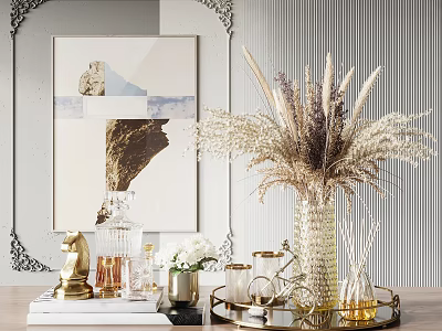 Elegant Decorative Ornament Set With Glass Vase Dried Pampas Grass Golden Tray And Aromatic Diffuser 3d model