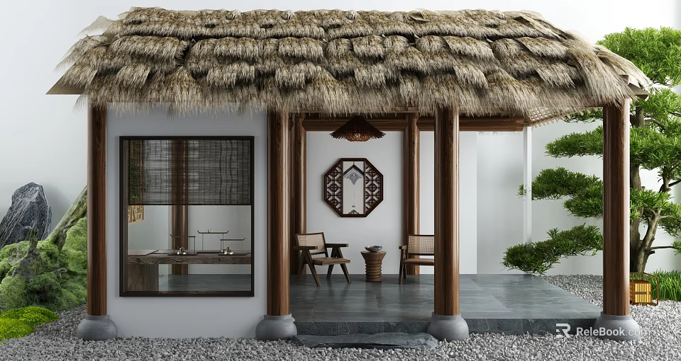 Traditional Garden Pavilion with Thatched Roof Bamboo Windows Wooden Pillars Pebble Ground And Green Plants 3d model 