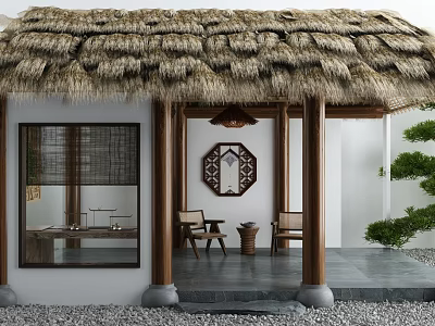 Traditional Garden Pavilion with Thatched Roof Bamboo Windows Wooden Pillars Pebble Ground And Green Plants 3d model