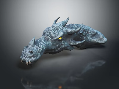 Fantasy Character Dragon Head 3D Model of Mythical Creature with Scaly Skin Horns Yellow Eyes 3d model