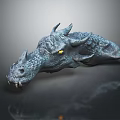 Fantasy Character Dragon Head 3D Model of Mythical Creature with Scaly Skin Horns Yellow Eyes