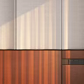 Bedroom Accent Wall Featuring Gray Fabric Curtain Design With Wooden Cabinetry And Sunlight Shadows
