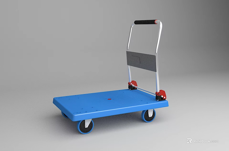 Blue Platform Cart With Silver Handle And Four Wheels For Transport 3d model 