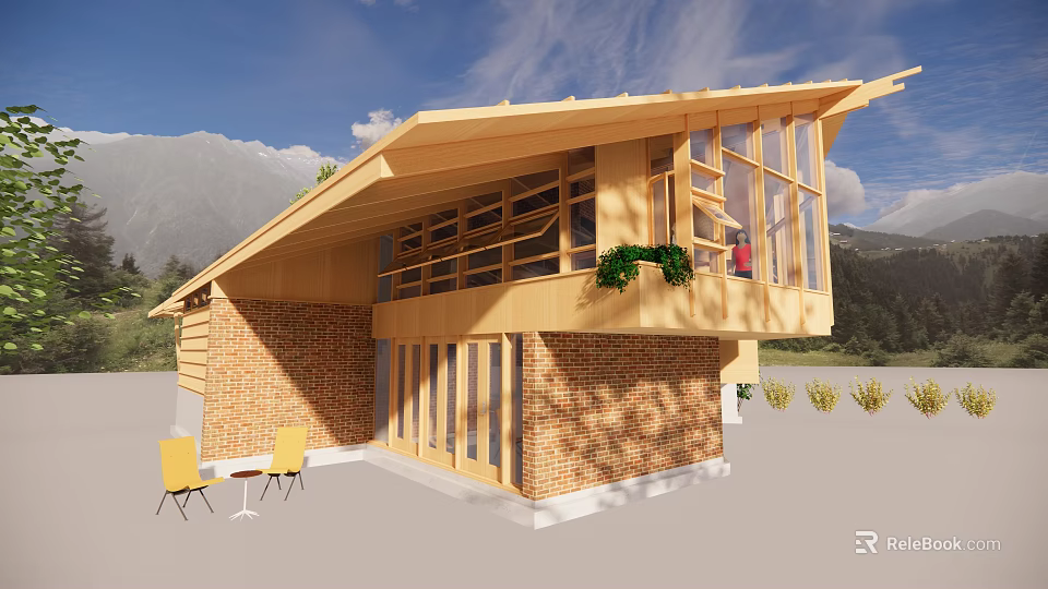 Modern Single Family House With Wooden Structure Brick Walls Sloped Roof Large Glass Windows Patio 3d model 