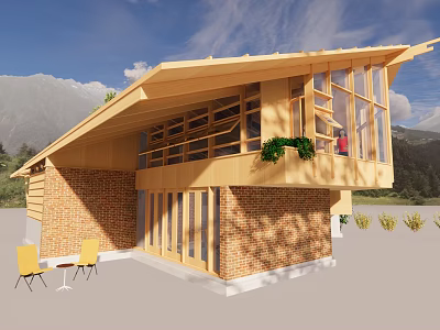 Modern Single Family House With Wooden Structure Brick Walls Sloped Roof Large Glass Windows Patio 3d model