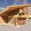 Modern Single Family House With Wooden Structure Brick Walls Sloped Roof Large Glass Windows Patio