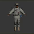 Military Soldier In Camouflage Uniform With Tactical Vest Helmet Tan Boots Against Gray Backdrop
