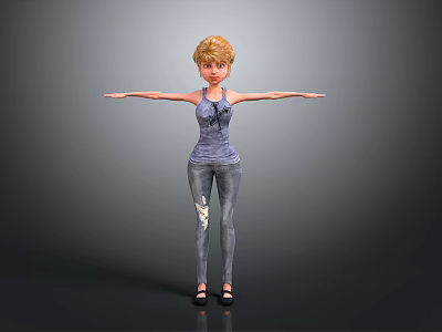 3D Female Character With Blonde Hair Blue Tank Top Ripped Jeans And Outstretched Arms 3d model