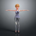 3D Female Character With Blonde Hair Blue Tank Top Ripped Jeans And Outstretched Arms