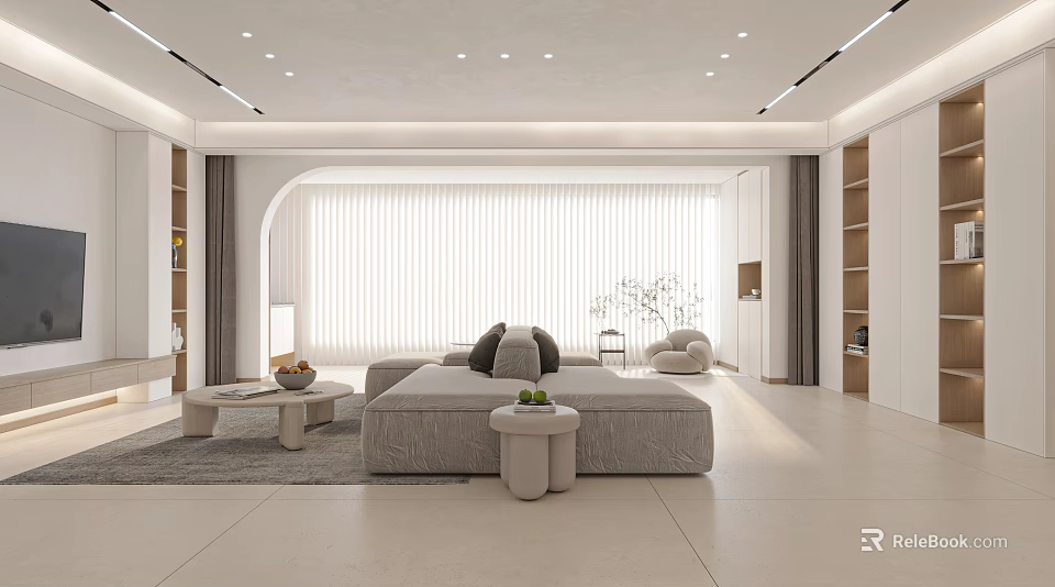 Modern Living and Dining Room Interior Design With Neutral Tones And Large Windows 3d model