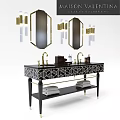 Elegant Bathroom Vanity With Black Gold Geometric Top Hexagonal Mirrors Brass Faucets And Stacked Towels